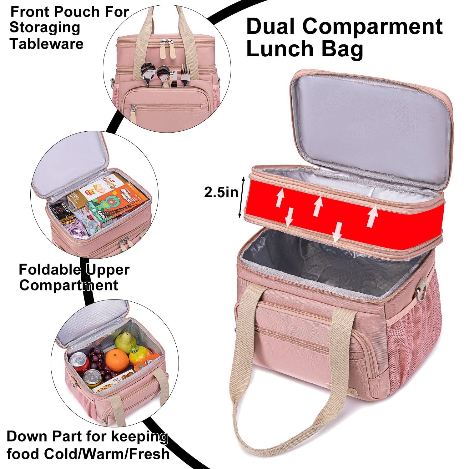 Insulated Lunch Bag for Women - Large Dual Compartment, Leakproof, Perfect for W3