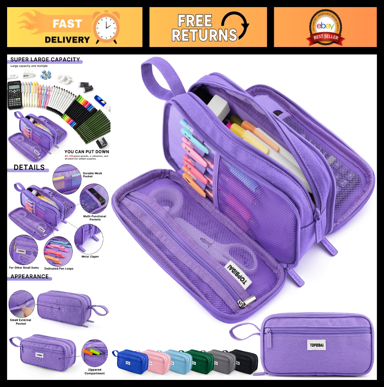 Large Pencil Case Pouch for School, Office & Art Supplies   Unisex Design0
