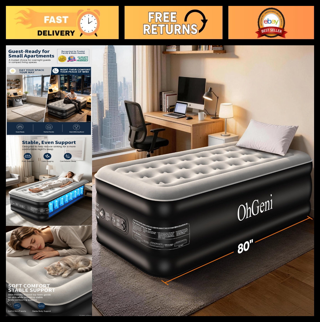 18" Twin XL Air Mattress with Built in Pump, Waterproof, 500lb Capacity, Extra L0
