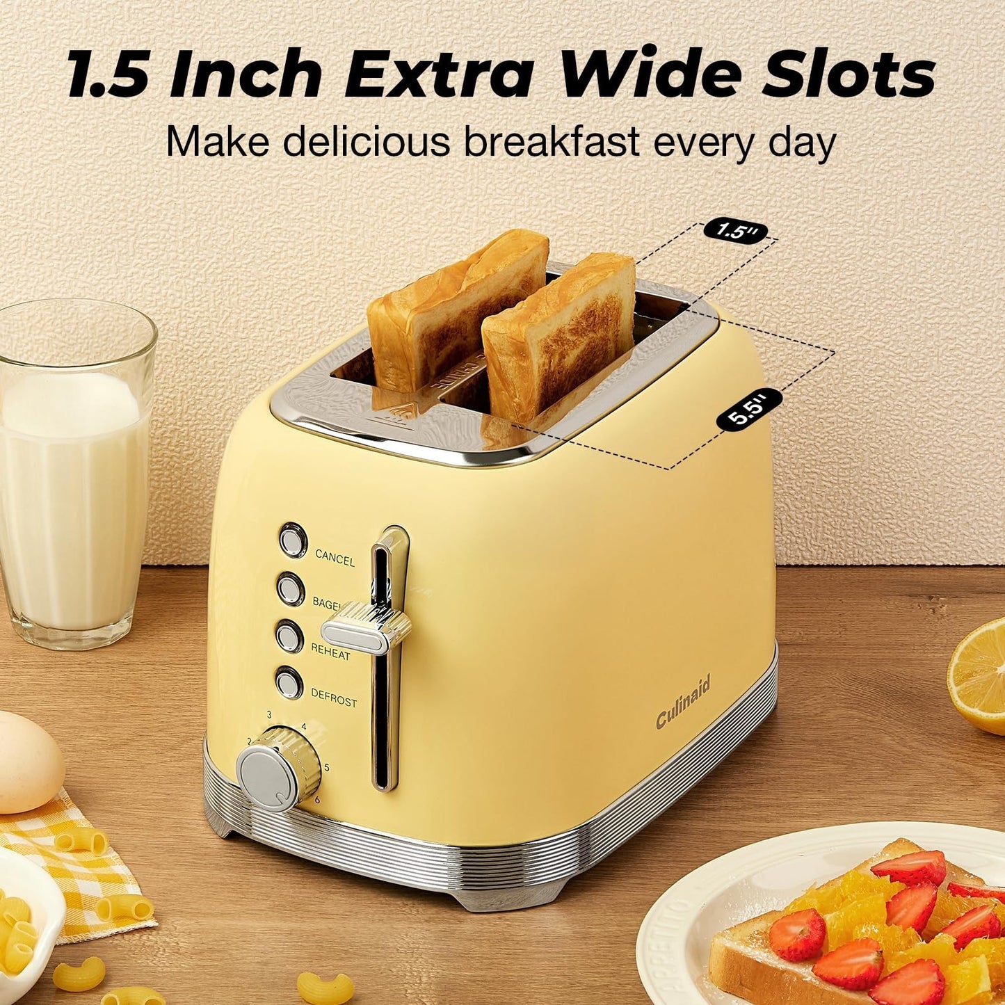 Retro 2 Slice Stainless Steel Toaster   Stylish Yellow Design, Fast Toasting2