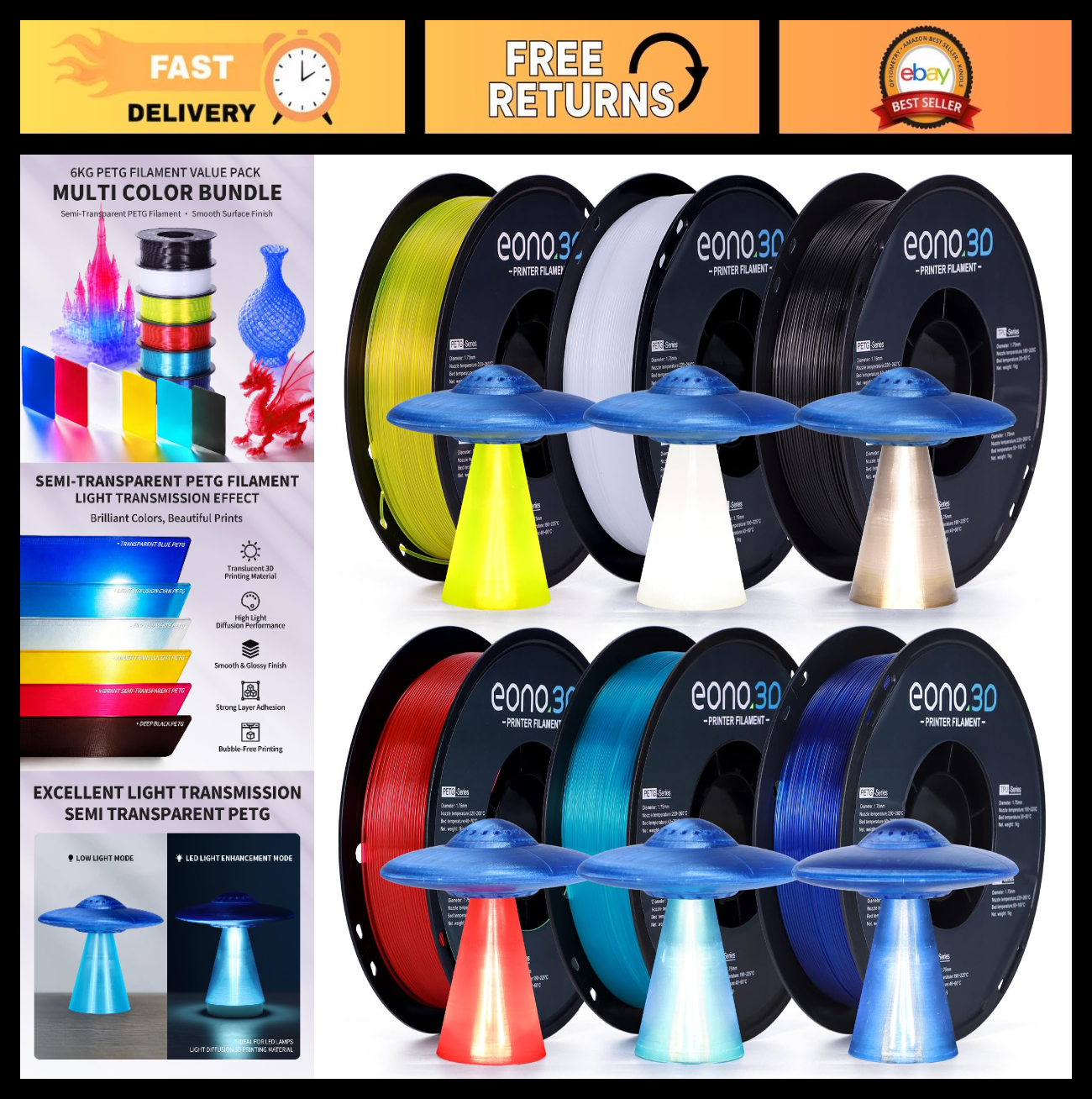 Translucent PETG Filament 1.75mm 6-Color Bundle 6kg for 3D Printing & Art Models0