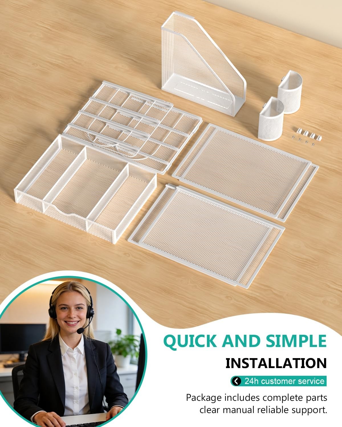 4 Tier Desktop File Organizer with Drawer & 2 Pen Holders   Office Desk Accessor8