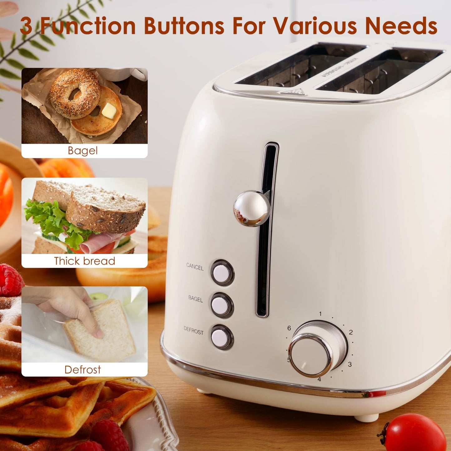 Retro Stainless Steel 2 Slice Toaster with Bagel, Defrost, 6 Shade Settings, Cre3