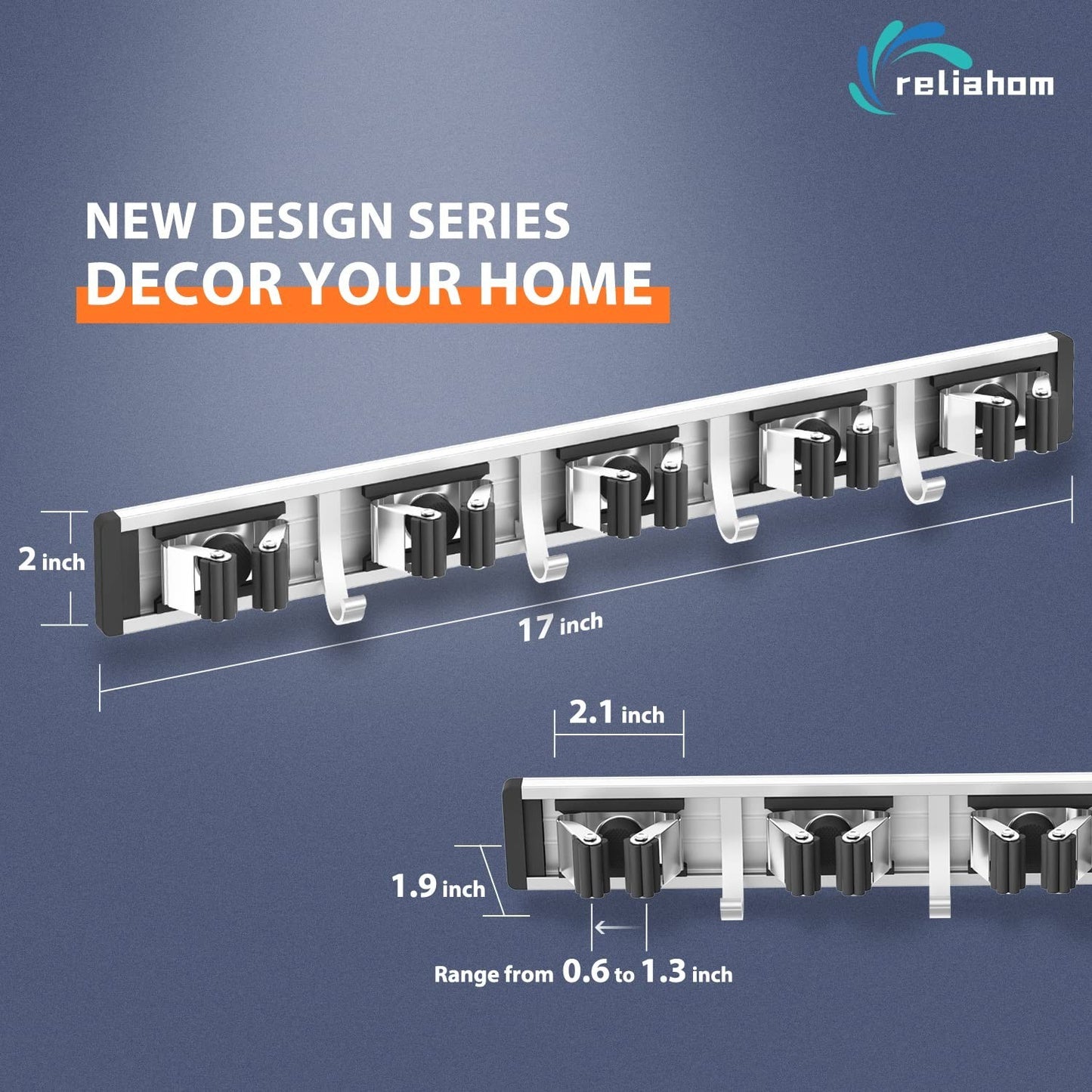 Wall Mount Broom Holder & Mop Hanger Organizer - 5 Racks & 4 Hooks, 2 Pack2
