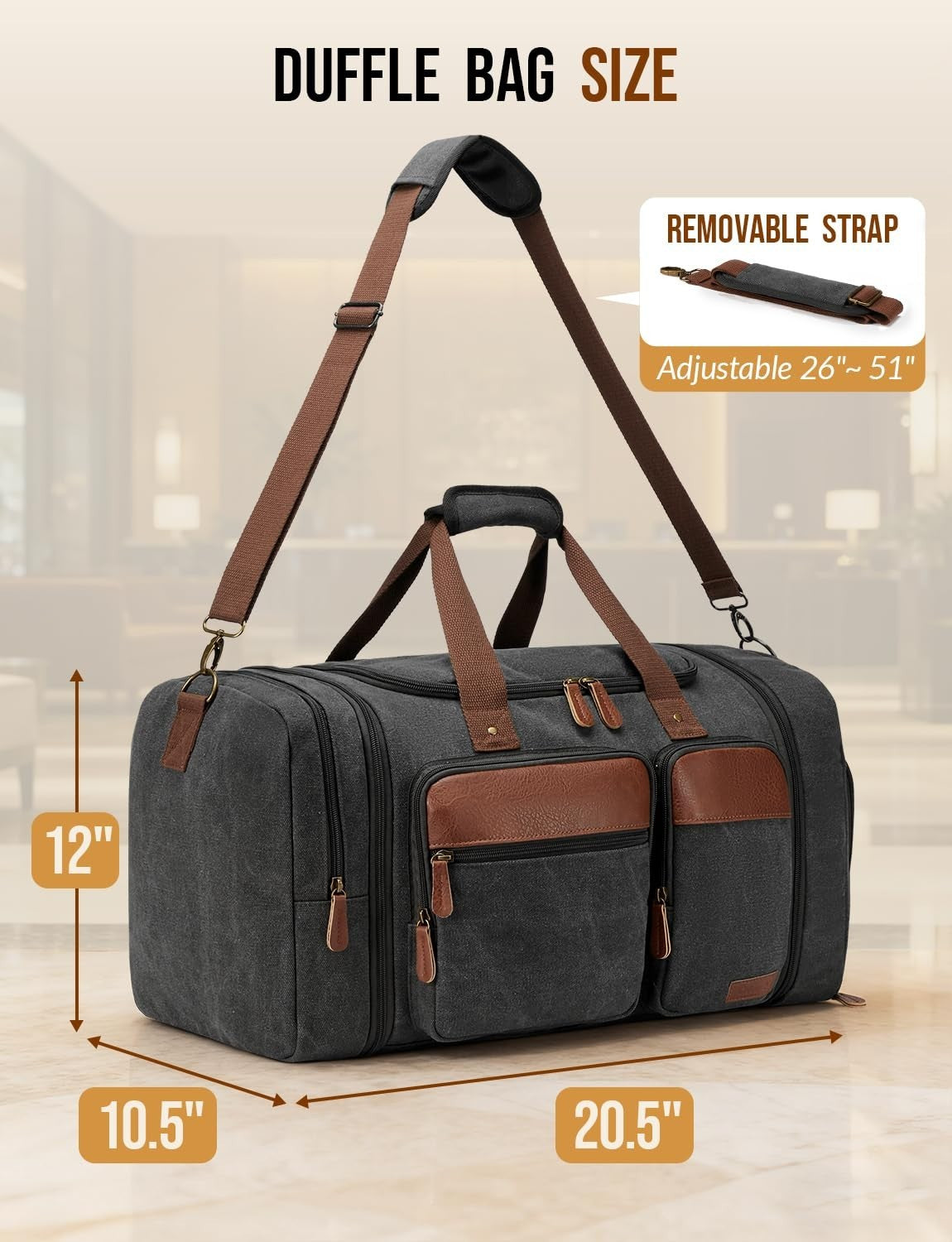 Expandable 50L Canvas Duffle Bag for Travel   Dark Grey, Lightweight & Durable2