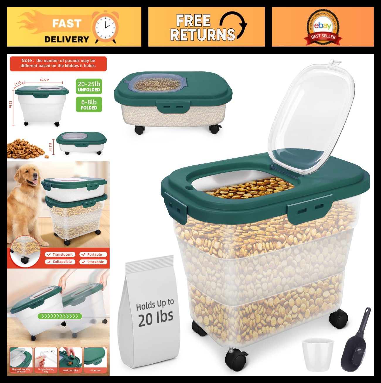 Airtight Pet Food Storage Container, Collapsible Dog Food Bin 17-20 lb with Whee0