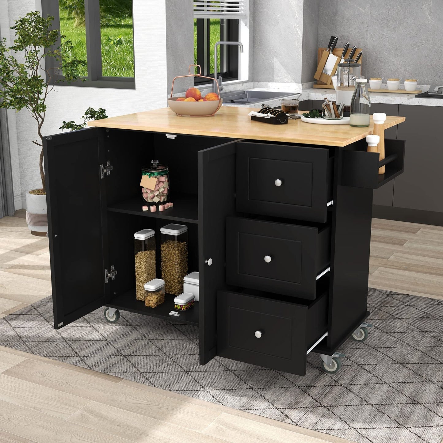 Mobile Kitchen Island with Solid Wood Top, Locking Wheels, Storage & Drop Leaf B1