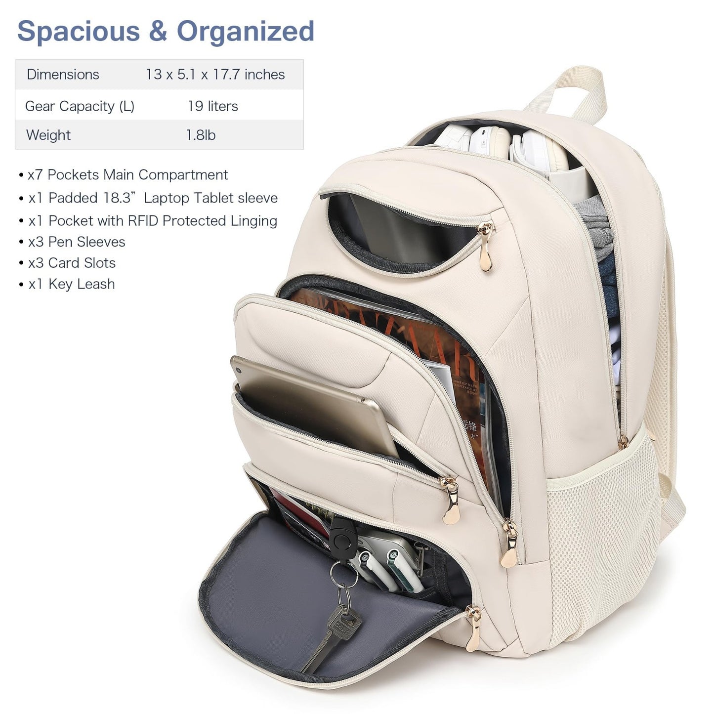Stylish 15.6" Laptop Backpack for Women, USB Port, Waterproof, Anti Theft, Cream2