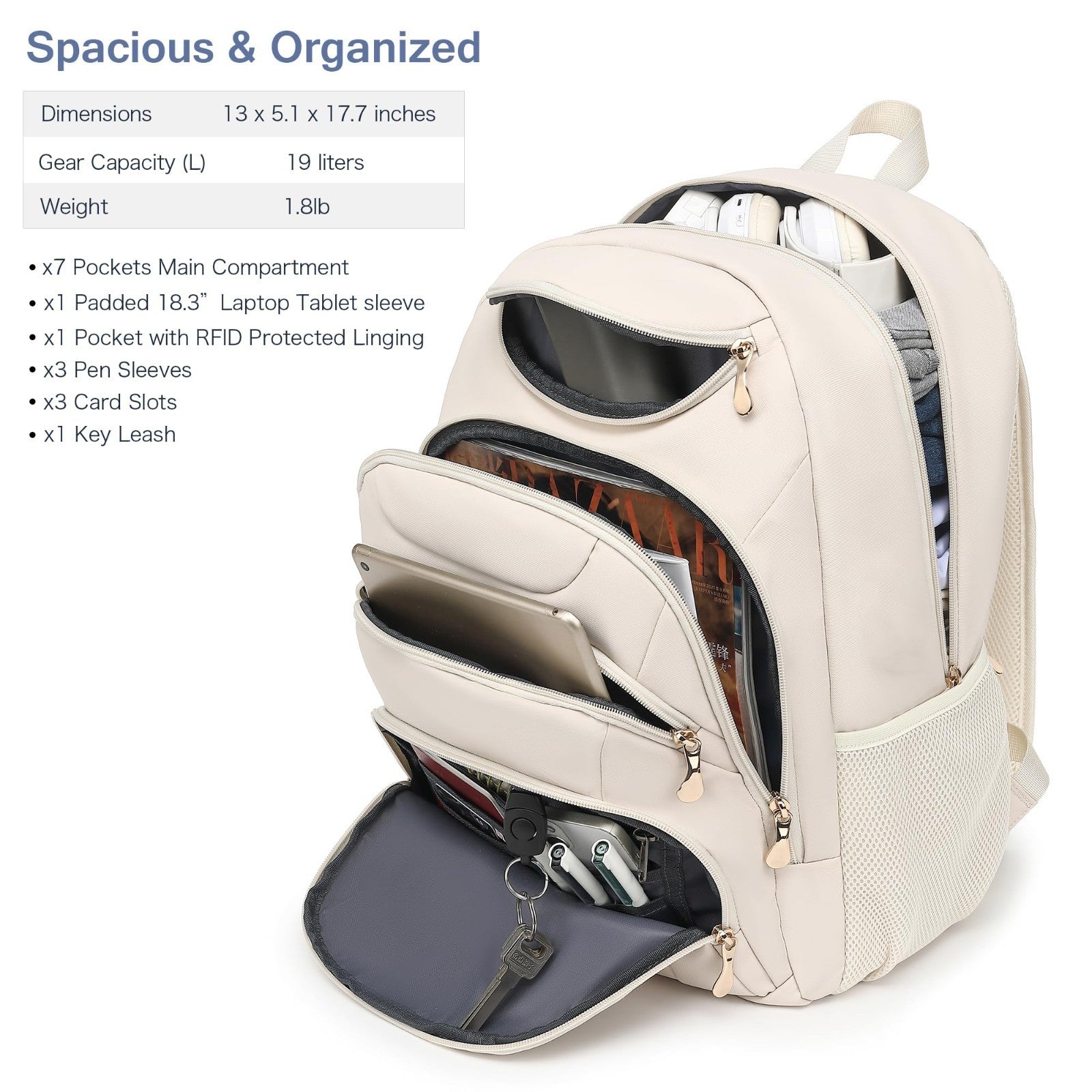 Stylish 15.6" Laptop Backpack for Women, USB Port, Waterproof, Anti Theft, Cream2