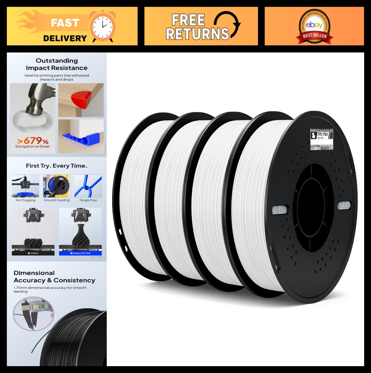 Flexible TPU 1.75mm White 4KG 95A Soft 3D Printing Filament - 4x1KG Spools for F0