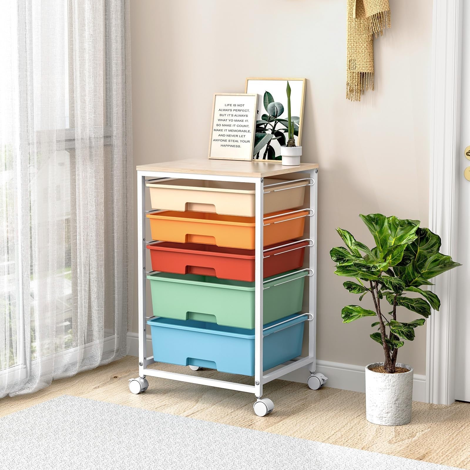 5 Drawer Utility Cart with Wooden Top, Lockable Wheels, Rolling Craft Organizer6