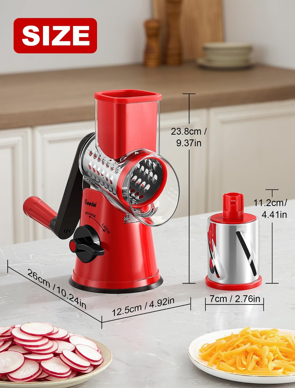 Rotary Cheese Grater & Vegetable Shredder with 6 Blades, Suction Base, Mandoline1