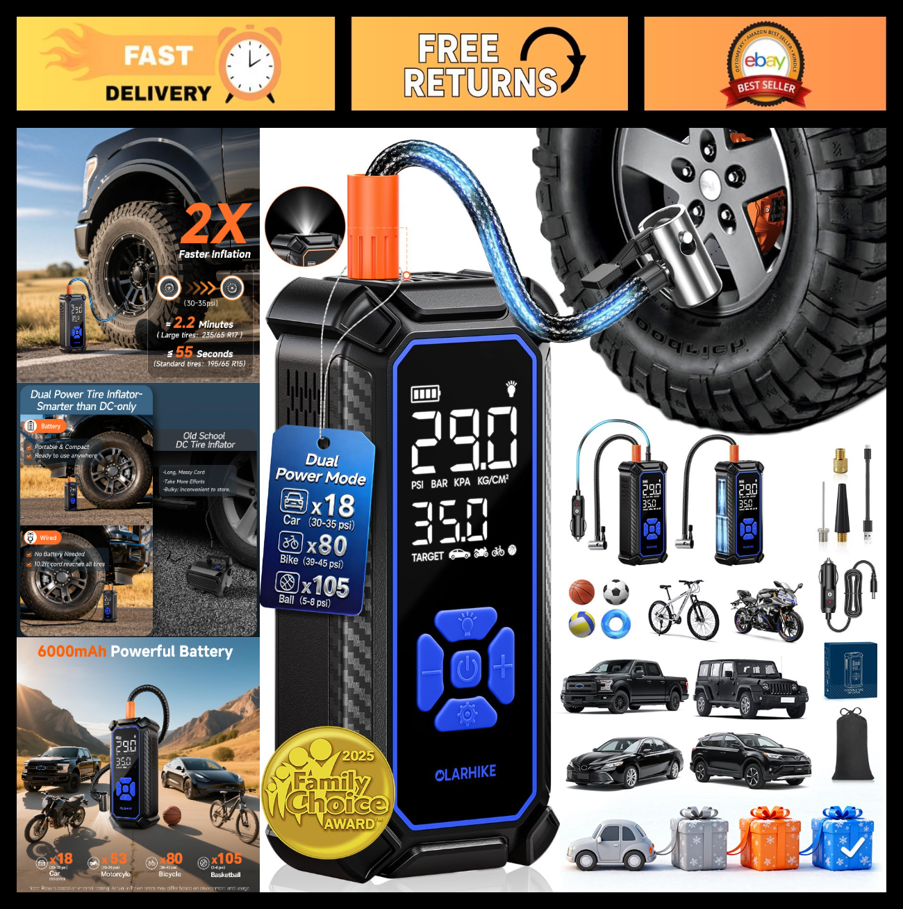 Portable Tire Inflator Air Compressor   6000mAh & 12V DC, Cordless Pump for Cars0