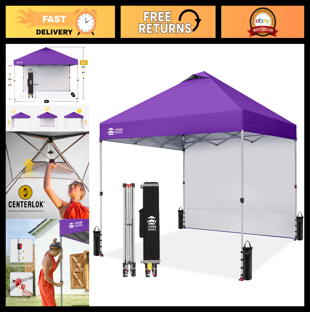 10x10 Pop Up Canopy Tent with Side Wall, Easy Setup Outdoor Gazebo, Beach Shade,0