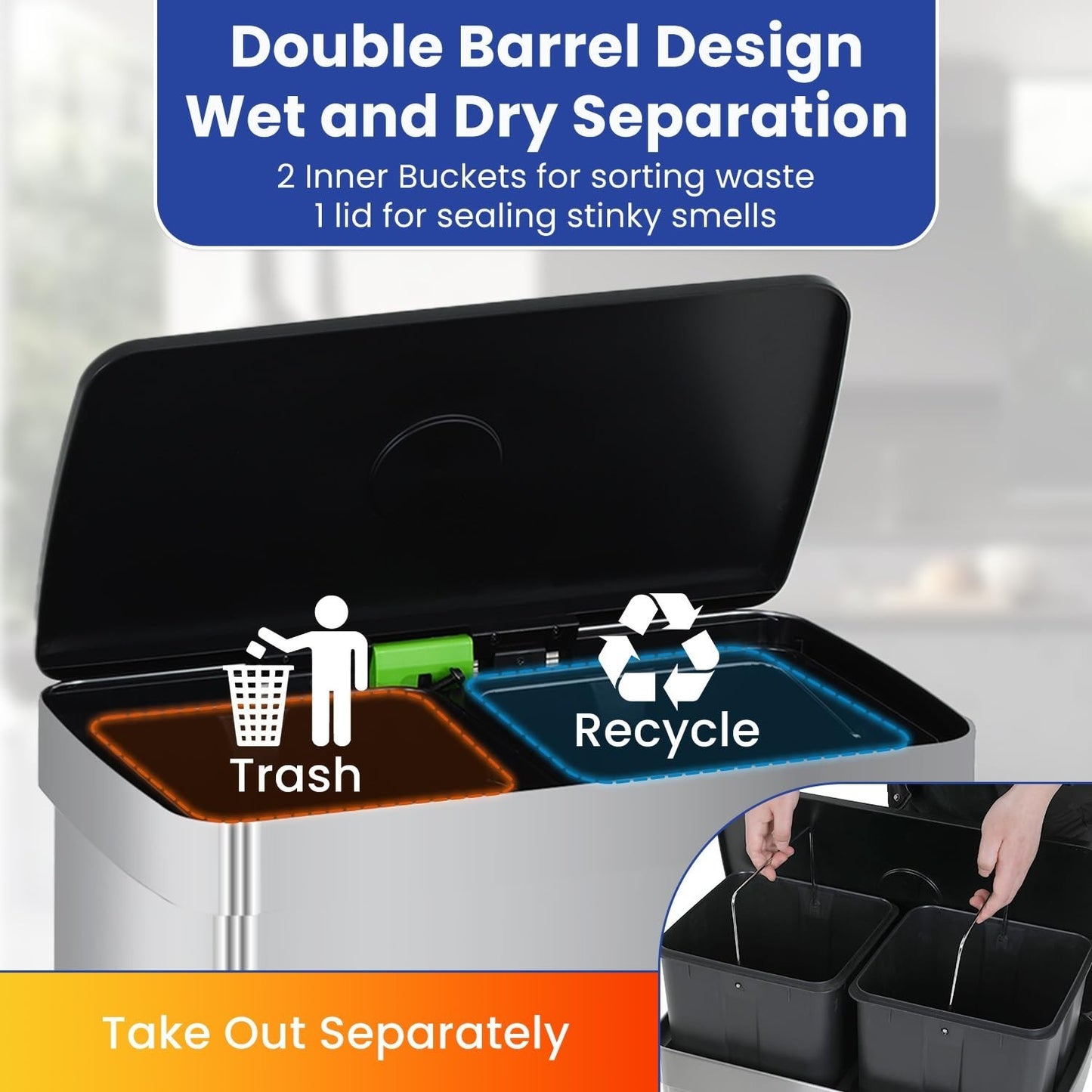 Dual Compartment 60L Stainless Steel Trash Can with Soft-Close Lid & Removable B4