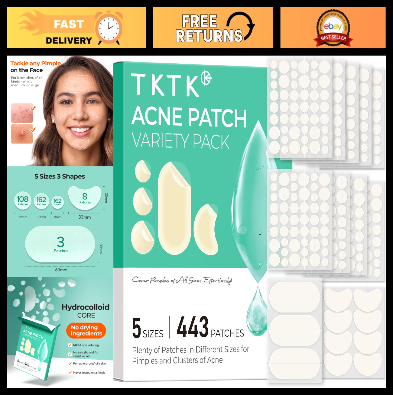 443 Count Hydrocolloid Pimple Patches for Face   Acne Treatment Cover Patch Bulk0