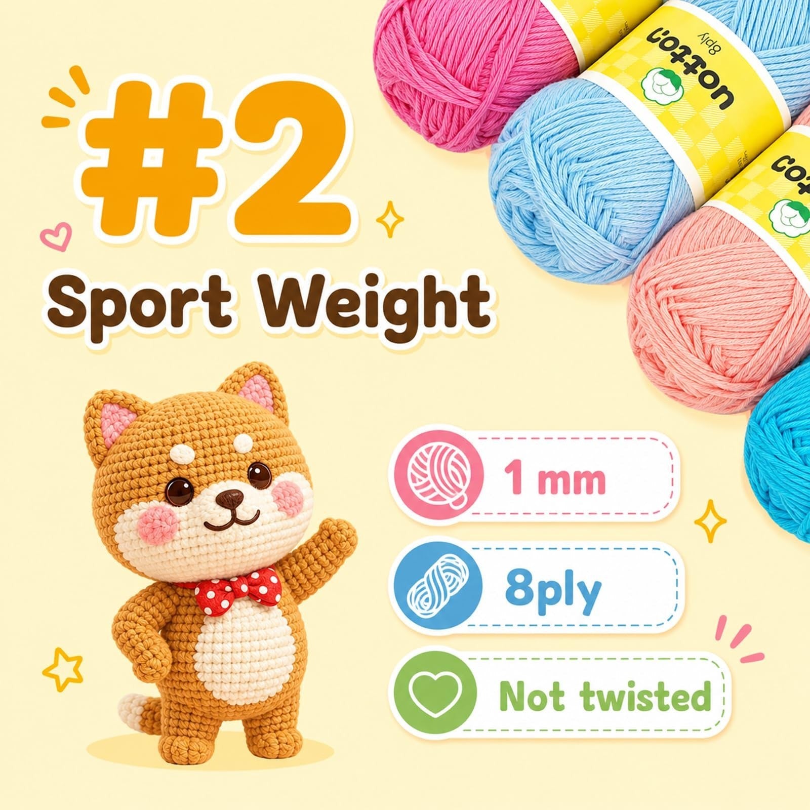 100% Cotton Mini Crochet Yarn - 20 Pack, Soft Baby Yarn Set, #2 Sport Weight, 903