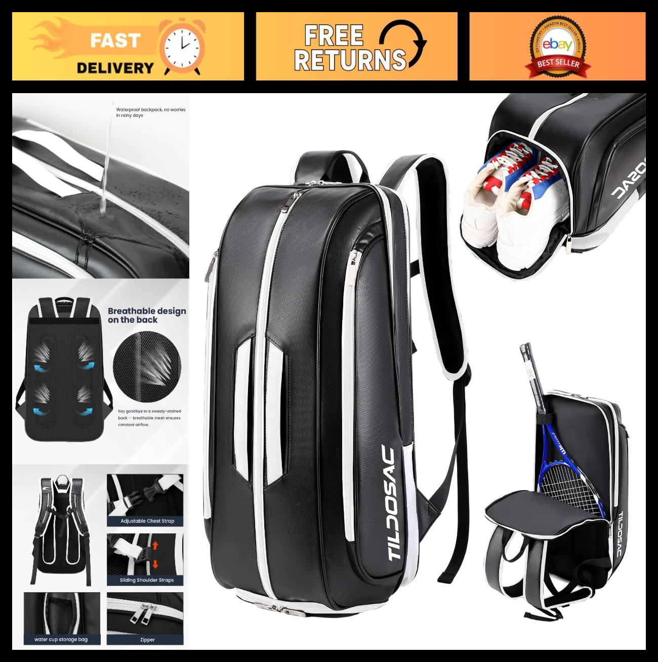 Tennis & Pickleball Racket Backpack with Shoe Compartment, Laptop Sleeve & Fence0