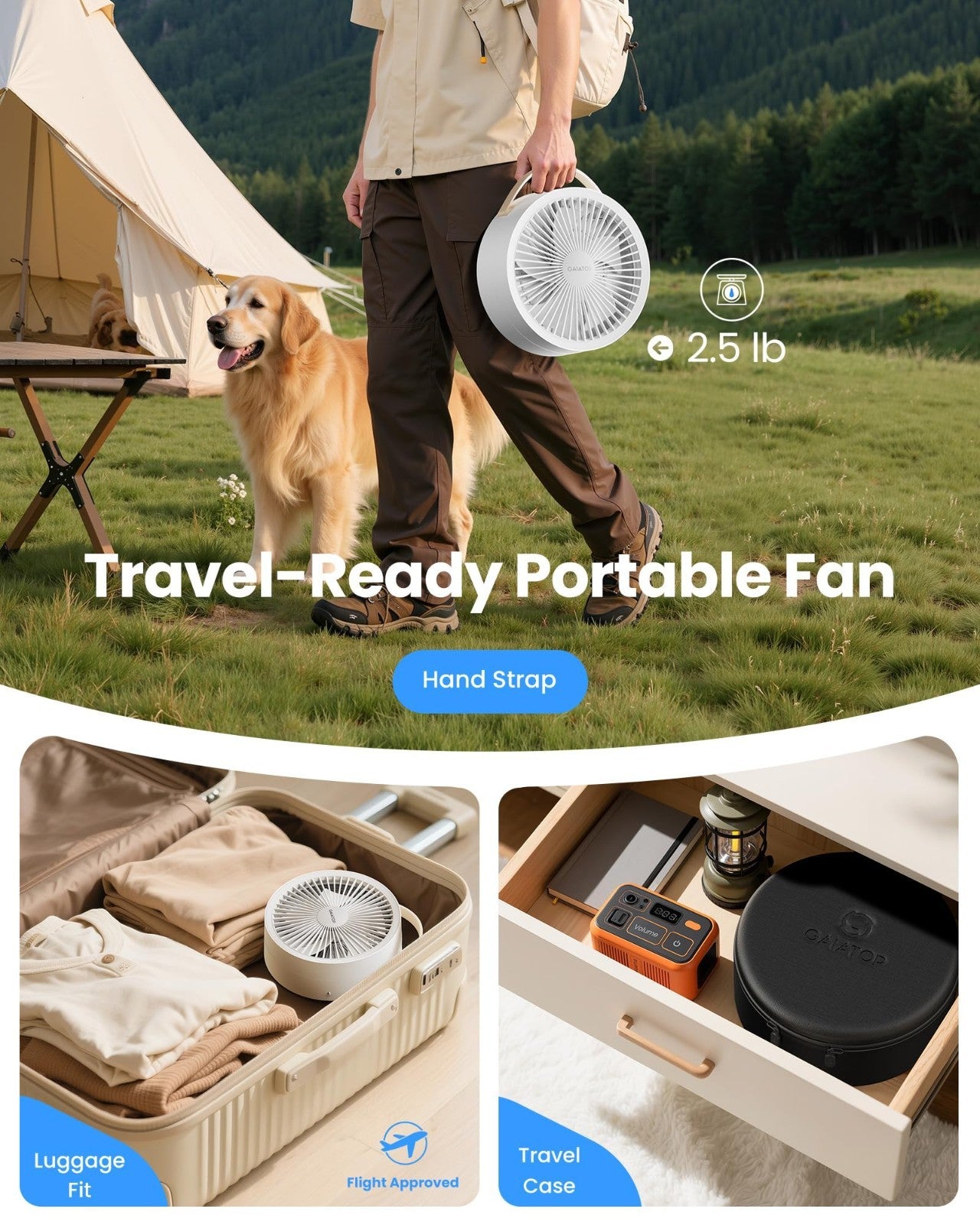 Portable Battery Powered Pedestal Fan, 16000mAh, 74h Runtime, Oscillating, Folda5