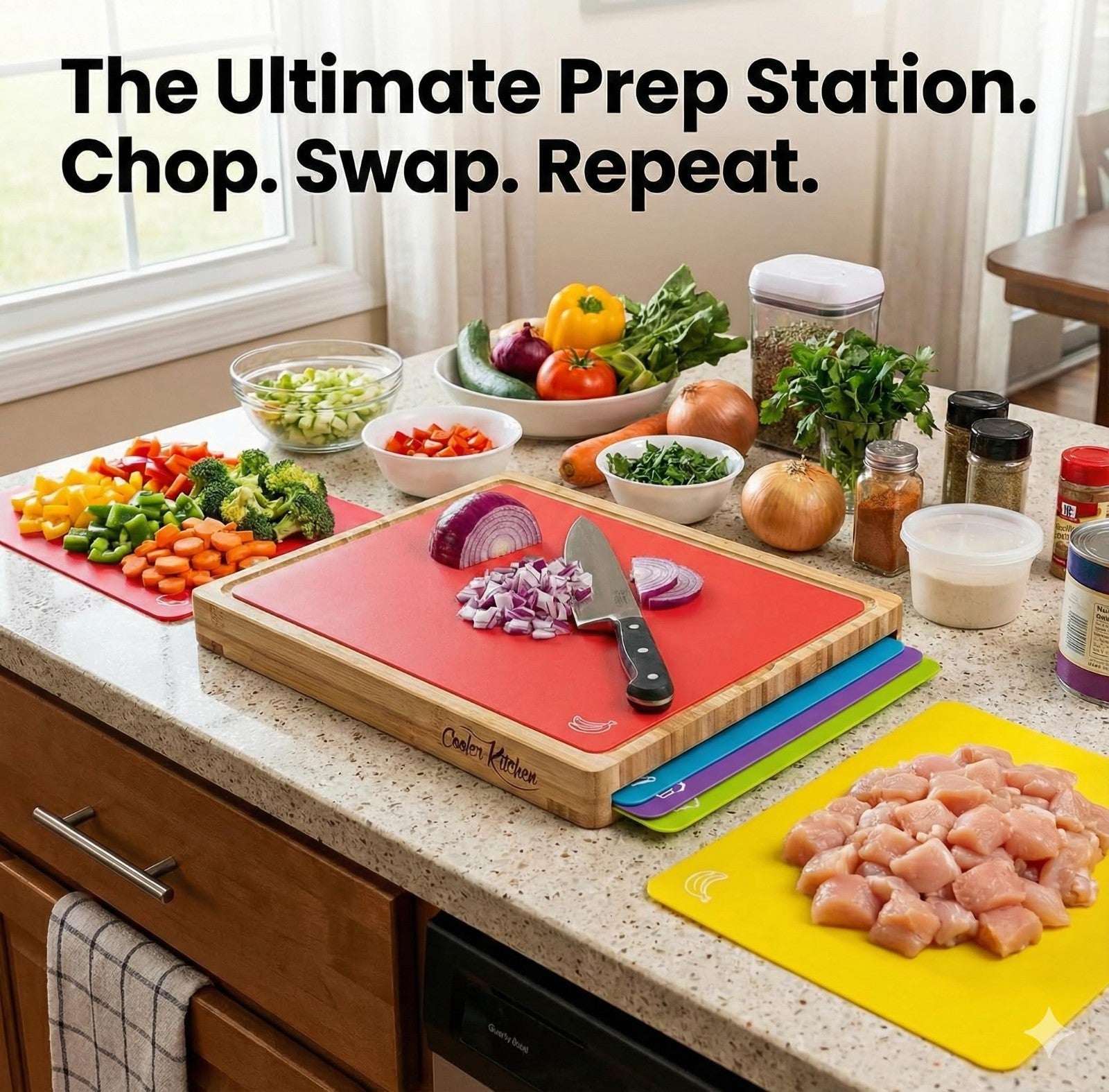 Bamboo Cutting Board Set with 6 Color-Coded Chopping Mats, Non-Toxic & Dishwashe6