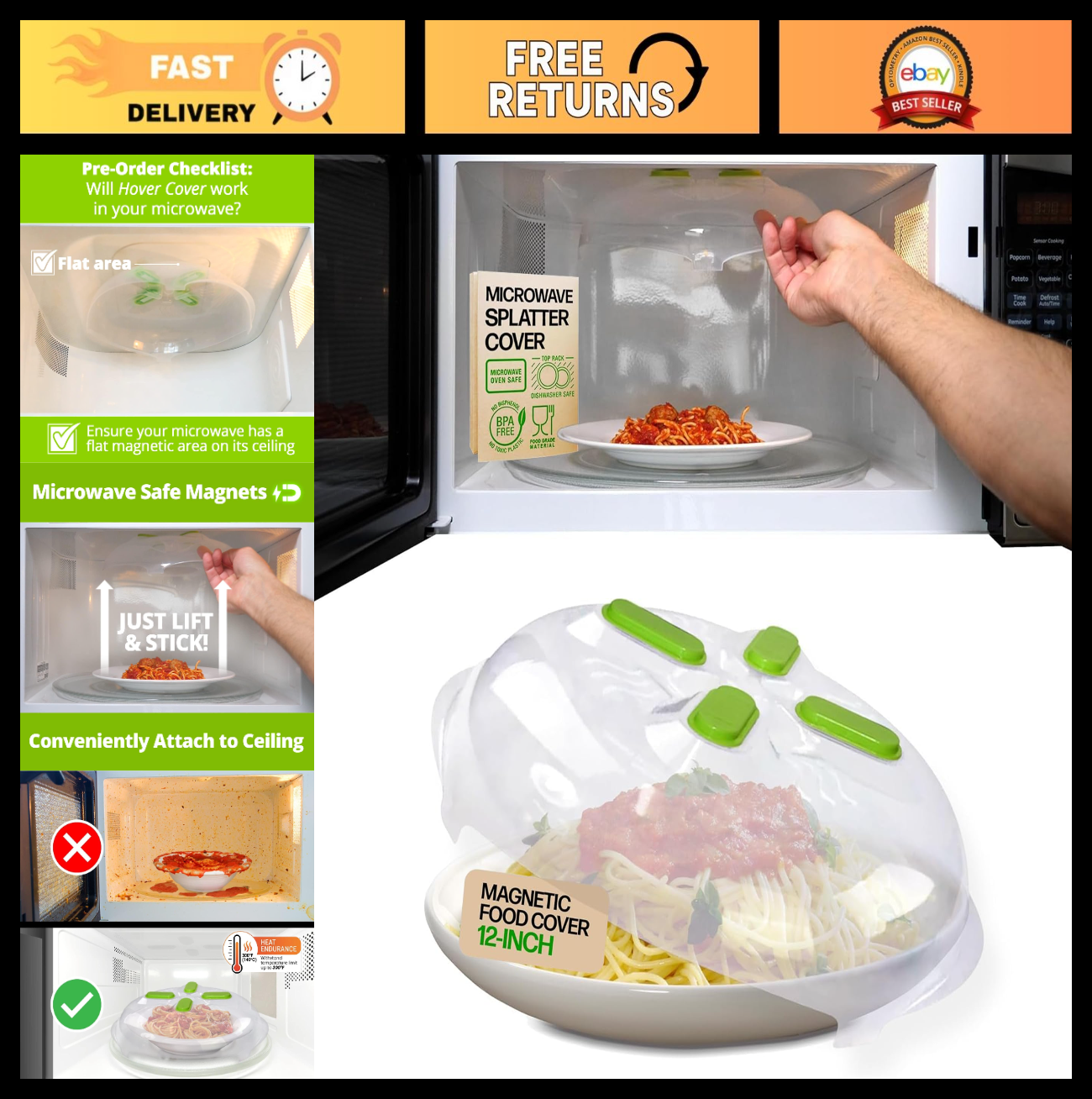 Magnetic Microwave Splatter Cover   12" BPA Free, Vented Lid, Anti Splash, Dishw0