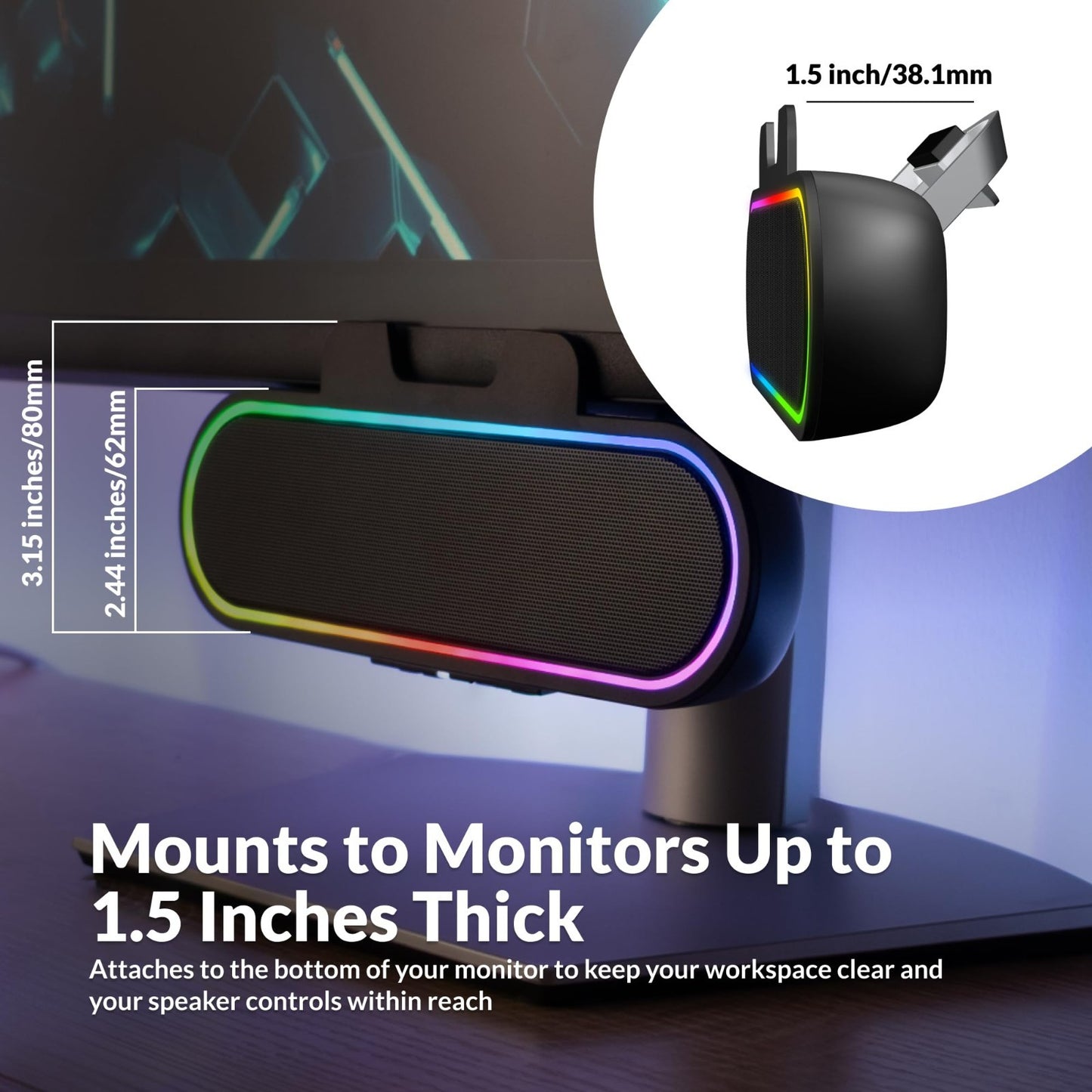 USB Powered Speaker Bar with LED Lights for PC & Mac, Clamps to Monitors, Music2