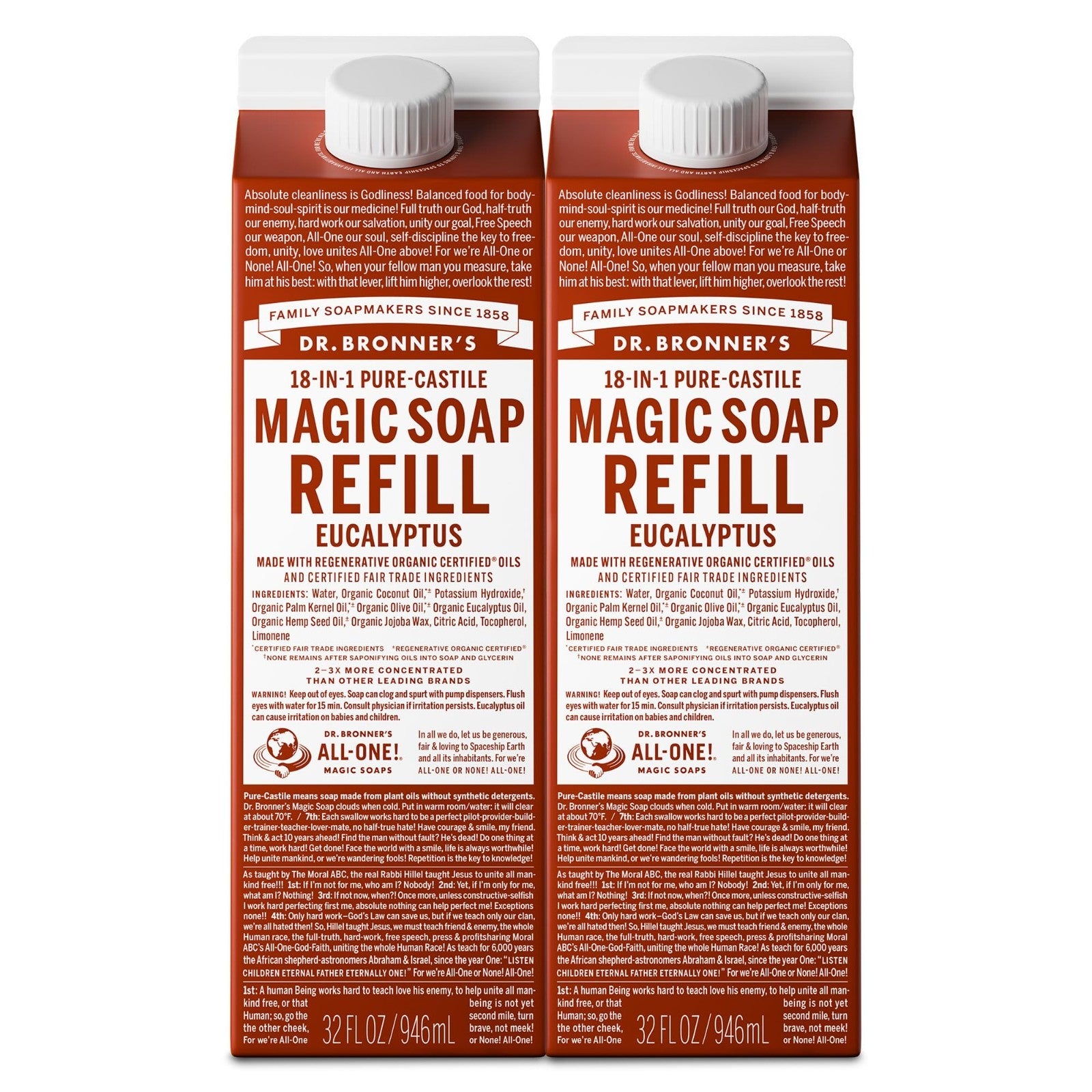 Pure Castile Liquid Soap Refill 32oz Eucalyptus 2-Pack - Organic, Vegan, Multi-U0