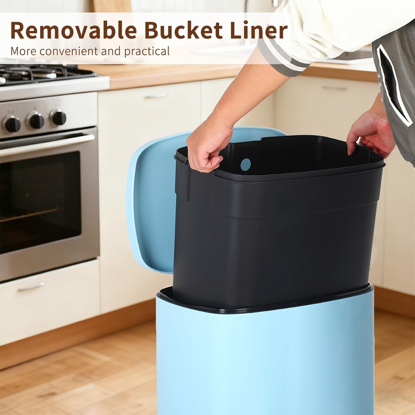 Stainless Steel Trash Can with Lid, Removable Inner Bucket, Foot Pedal, Soft Clo3