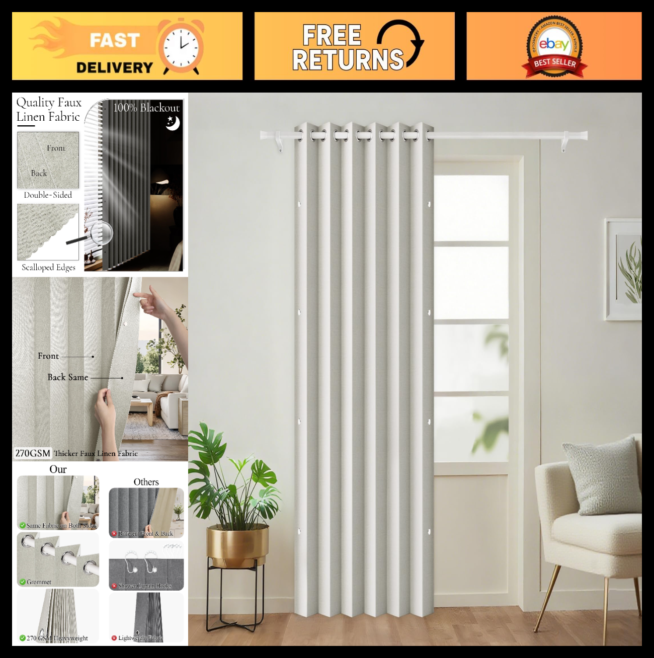 Blackout Pleated Curtains with Magnetic Closure, 1 Panel, W45 x L72, Living Room0