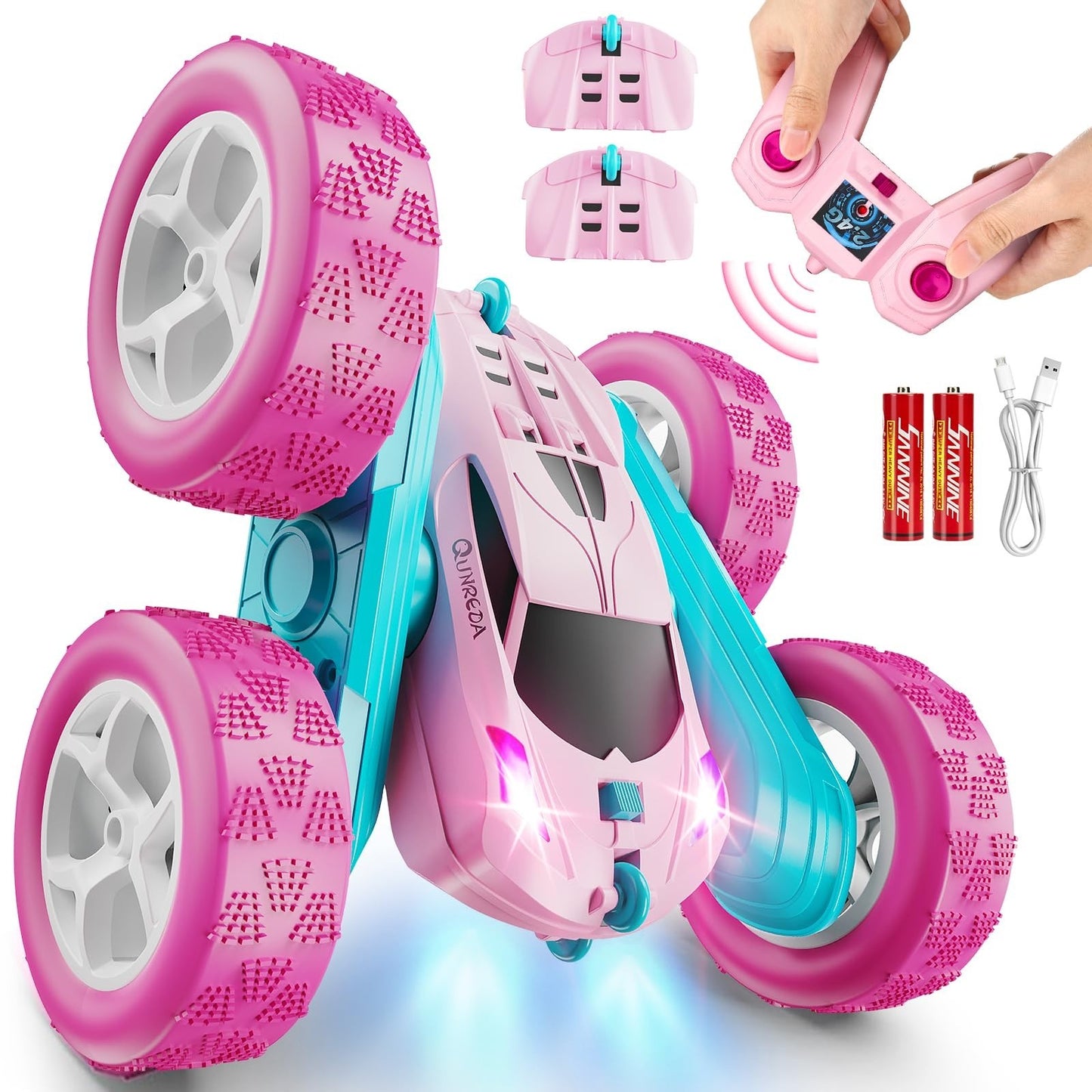 Pink Remote Control Car for Girls   2.4GHz Double Sided Stunt Crawler, 360° Rota0