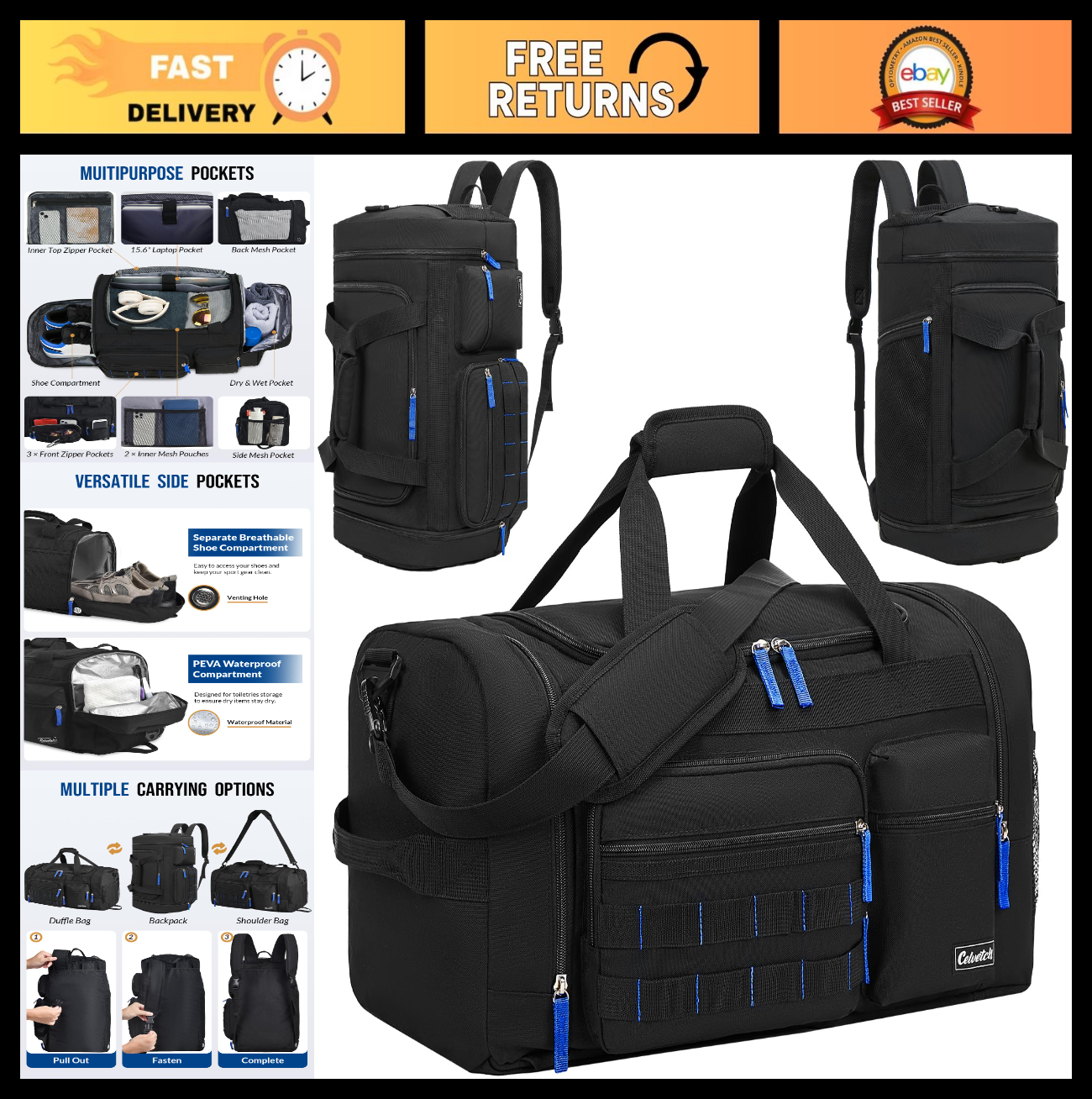 3-in-1 Gym Bag for Men & Women, 39L Sports Duffel, Weekend Travel Backpack, Wet0
