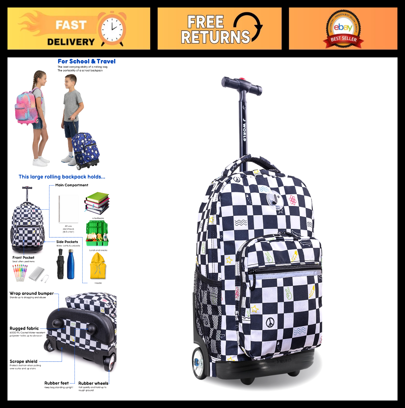 Kids Rolling Backpack with Wheels, School Roller Bookbag for Girls & Boys, 18"x10