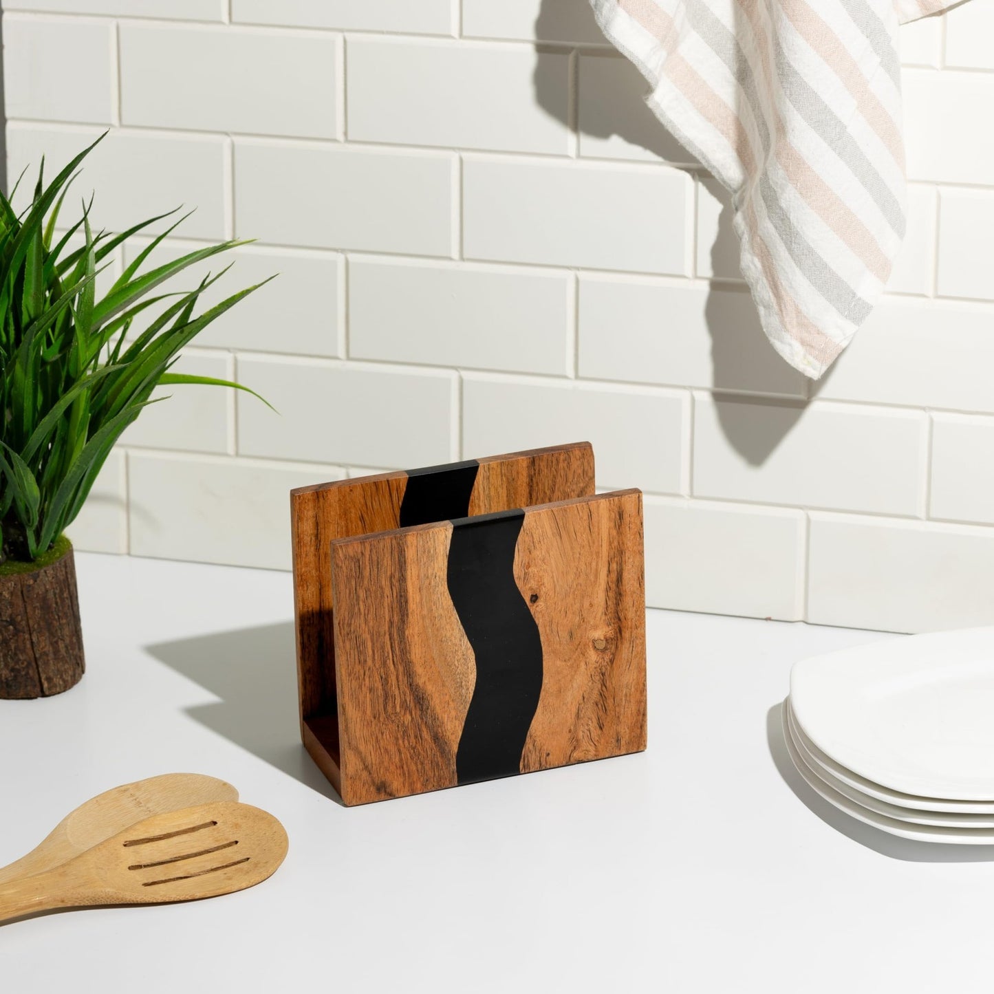 Rustic Acacia Wood & Epoxy Resin Napkin Holder - Farmhouse Table Organizer, 6x5x4
