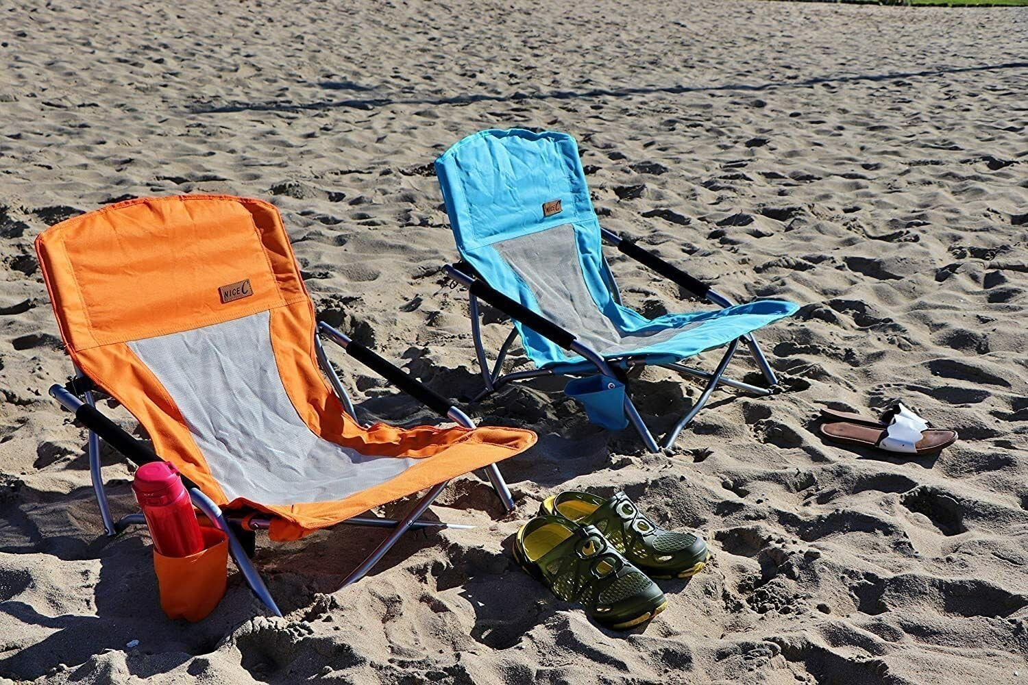 Compact Folding Beach Chair 2 Pack - Lightweight Portable Camping Chairs with Cu6