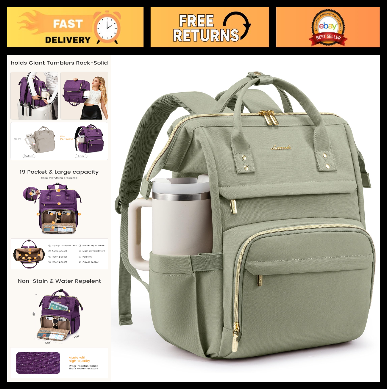 Stylish 15.6" Waterproof Laptop Backpack with Tumbler Holder, Travel Bag for Wor0