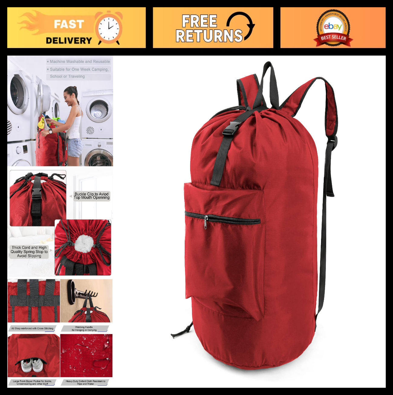 Extra Large Red Drawstring Laundry Backpack - Heavy Duty Portable Travel Bag for0
