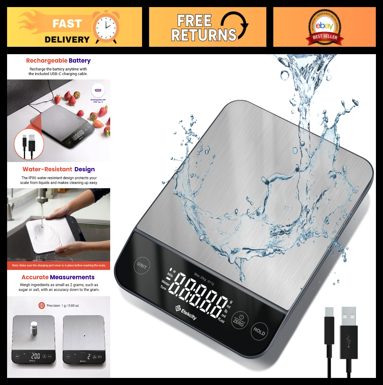 22lb Digital Kitchen Scale   USB Rechargeable, Waterproof, 1g Precision, Tare, 50