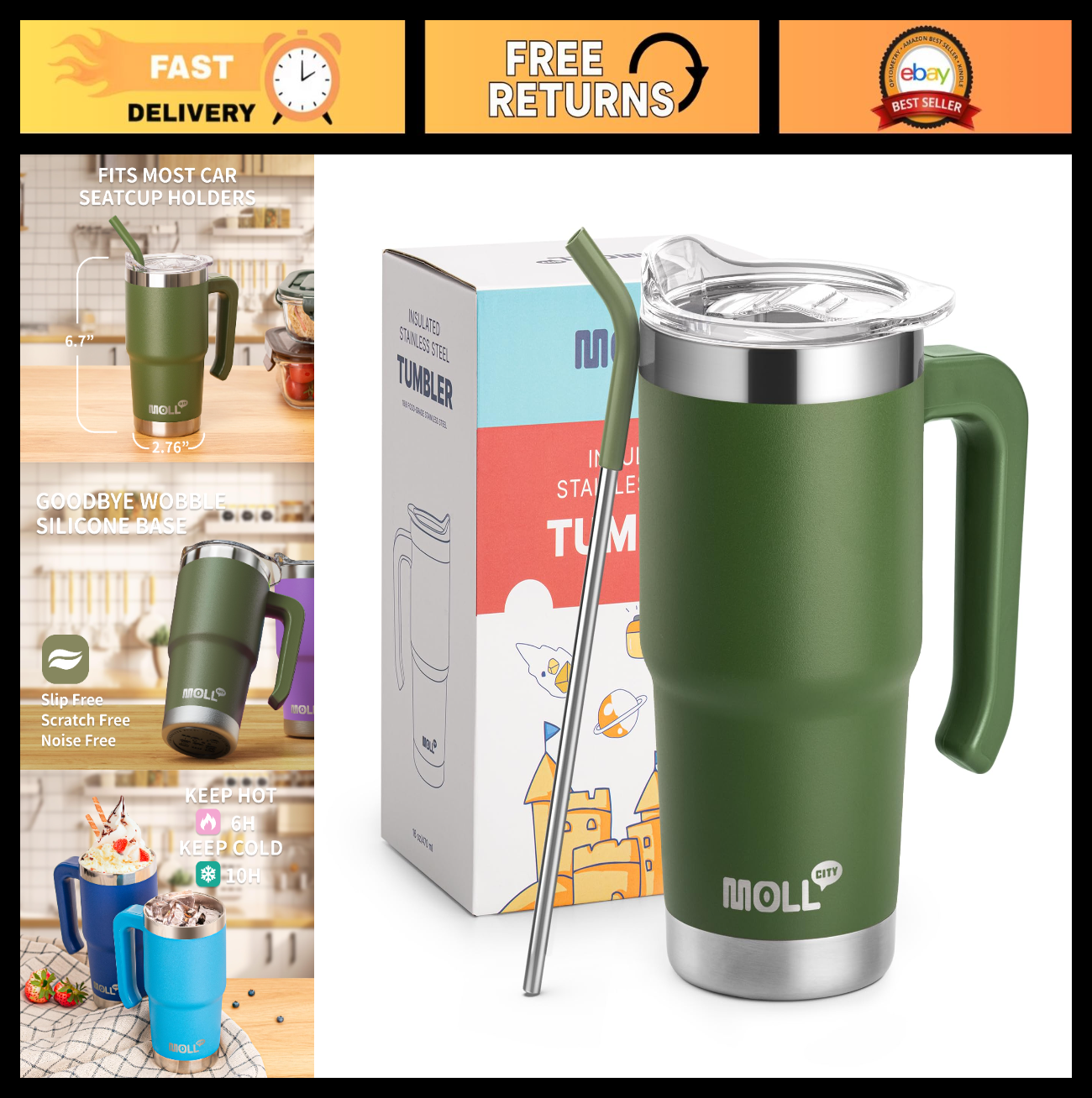 16 oz Insulated Tumbler with Handle, Reusable Stainless Steel Travel Mug with Li0