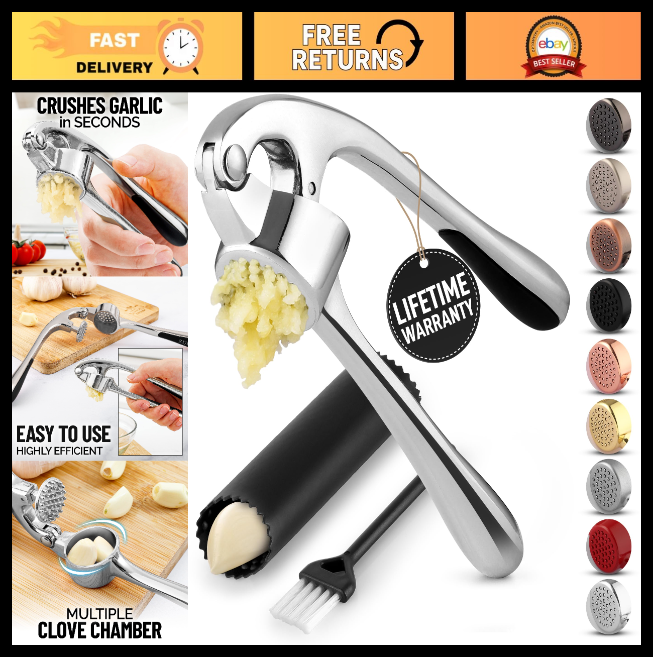 Premium Garlic Press Set   Rust Proof Mincer Tool, Easy Squeeze, Ergonomic Handl0