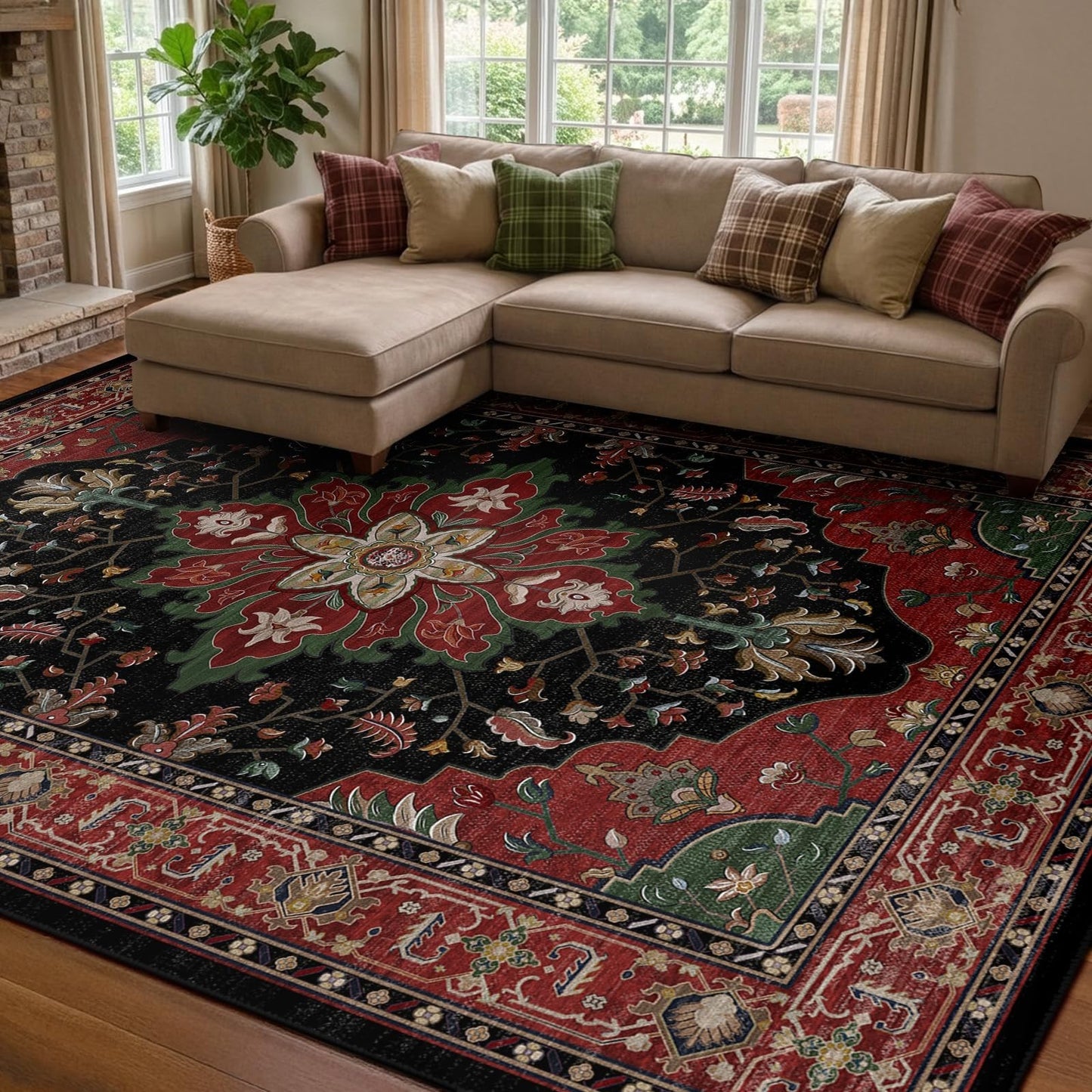 Washable 8'x10' Area Rug   Non Slip, Water Repellent, Pet Friendly, Vintage Flor1