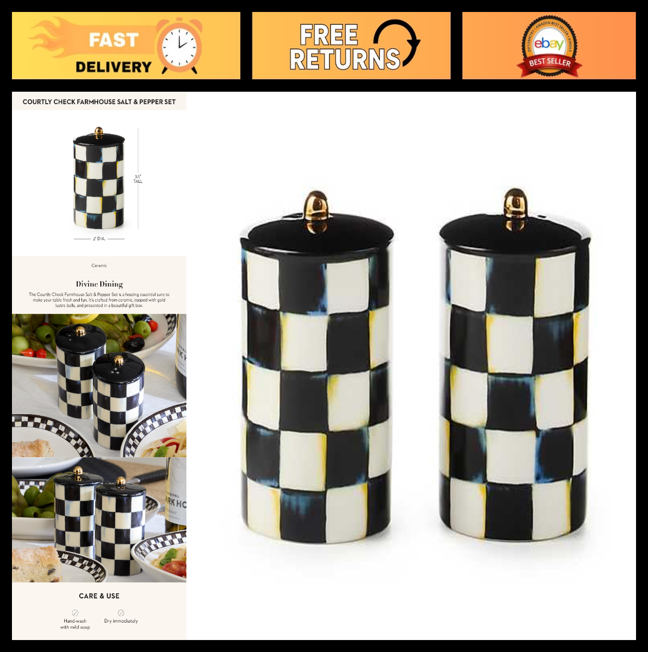 Farmhouse Ceramic Salt & Pepper Shaker Set - Black & White Check Design, Kitchen0
