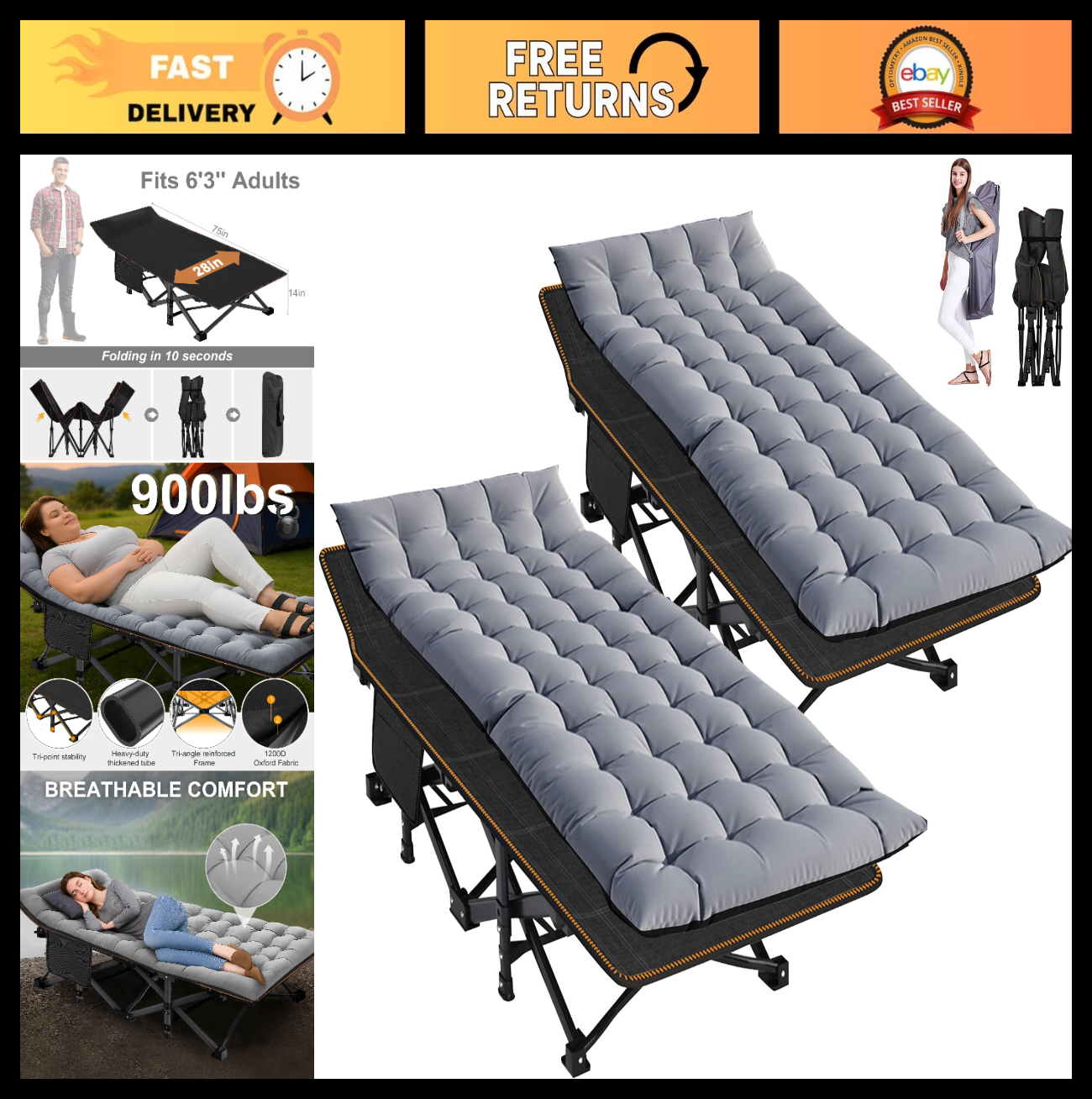 Folding Camping Cot for Adults, 28" Wide Heavy Duty Bed, 800 lbs Capacity, 2 Pac0