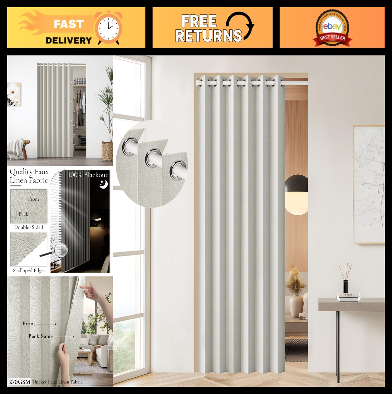 100% Blackout Magnetic Door Curtain   Pleated Room Divider Drapes, W45 x L800