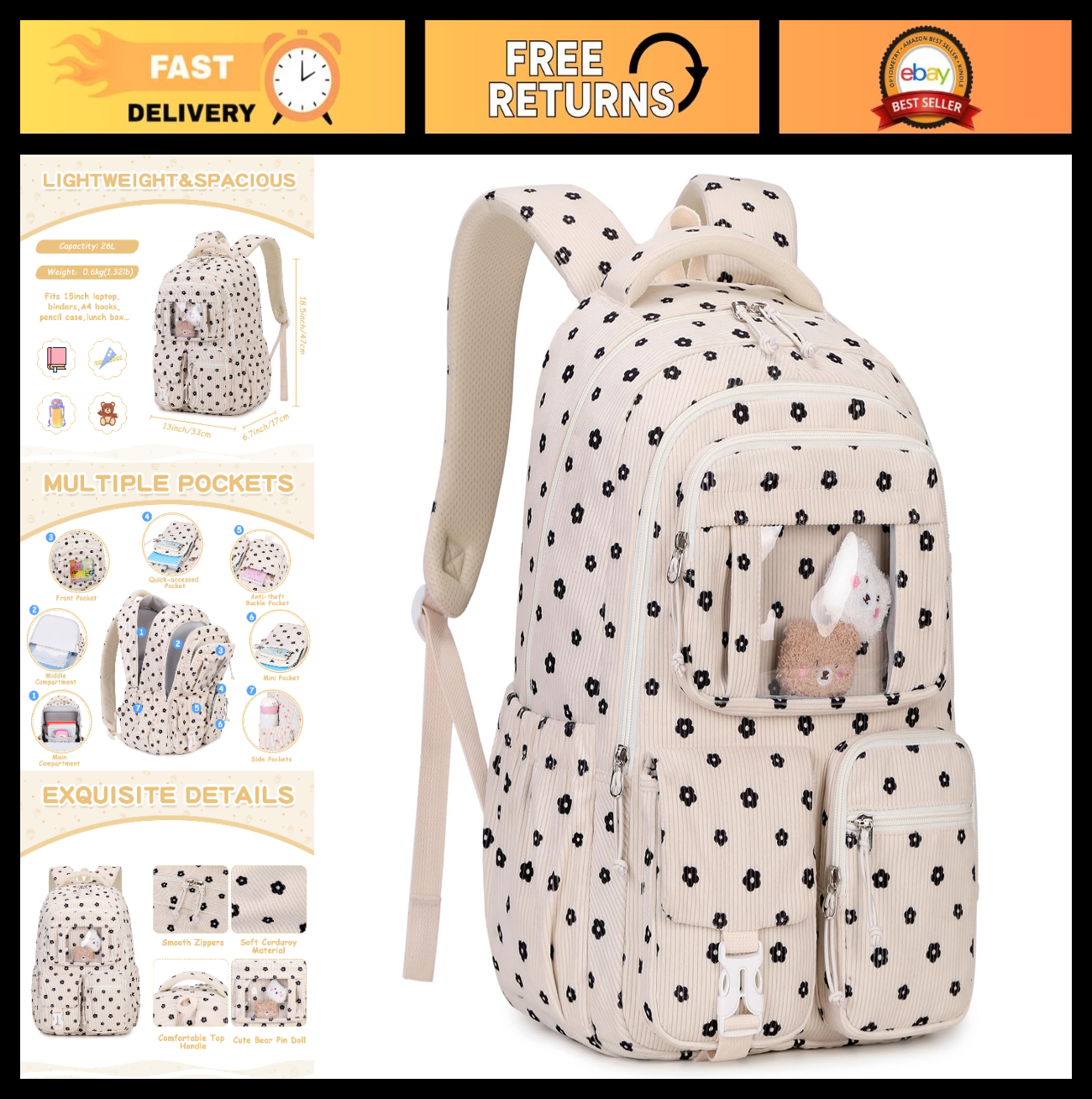 Kawaii Corduroy Backpack for Girls - Cute School Bag, Book Bag for Kids, Floral0