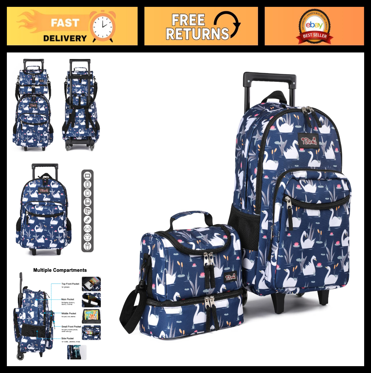 Wheeled Kids Backpack 18" Rolling Bag with Lunch Bag, Double Handle, Swan Blue0