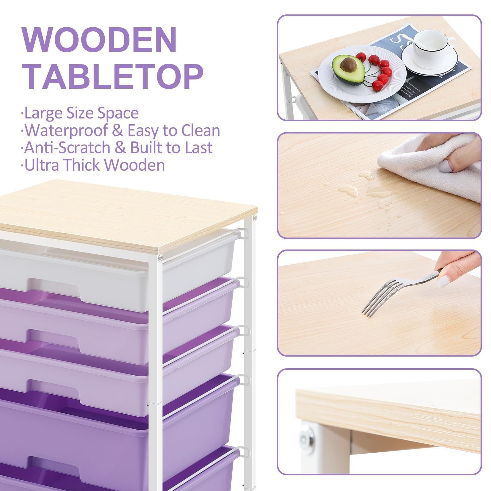 5 Drawer Utility Cart with Wooden Top & Lockable Wheels   Rolling Craft Trolley,5