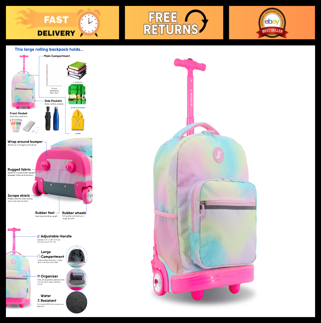 Kids Rolling Backpack with Wheels, 18" School Bookbag for Girls & Boys, Aurora D0