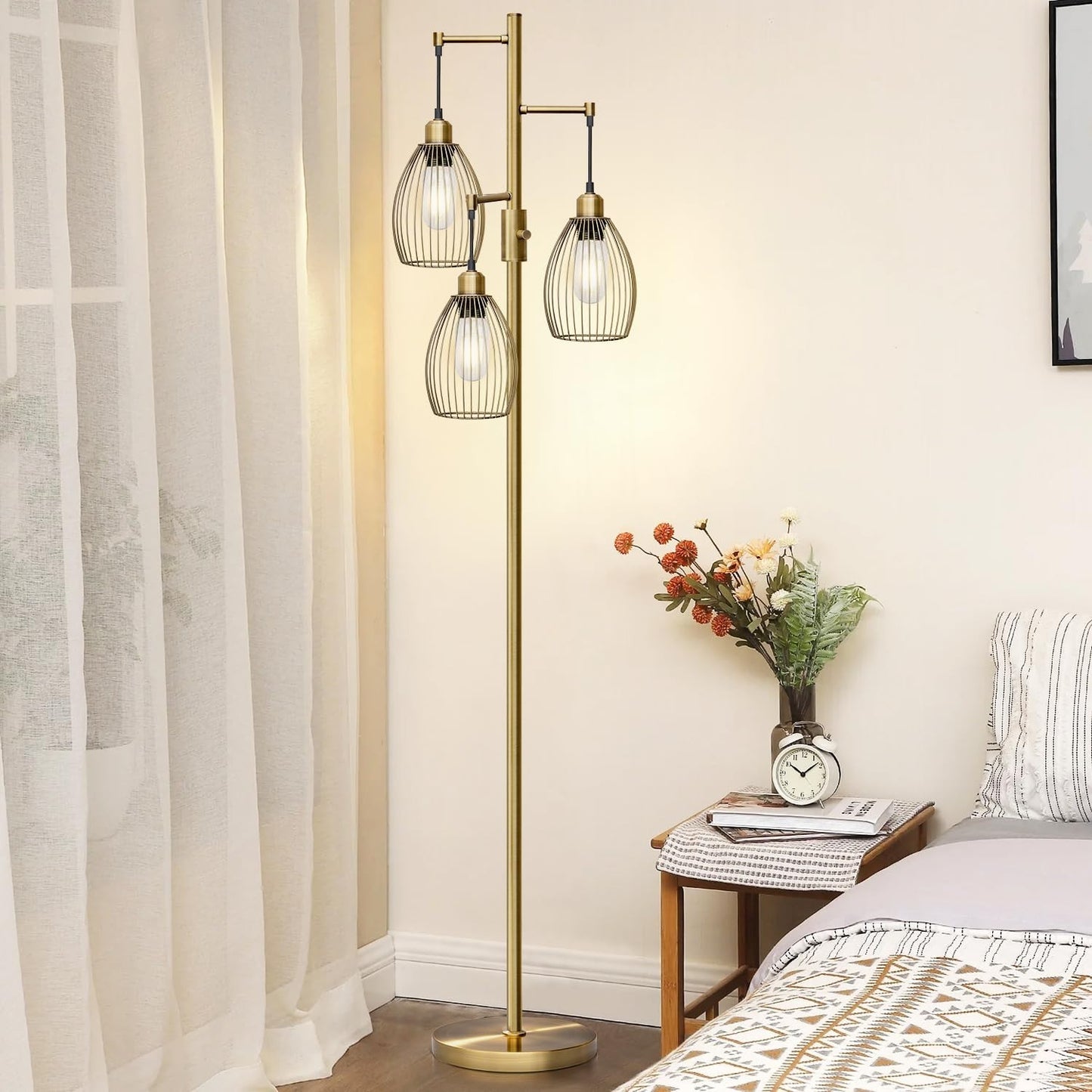 Dimmable Floor Lamp with 3 LED Edison Bulbs, Industrial Farmhouse Style, Tall Te4
