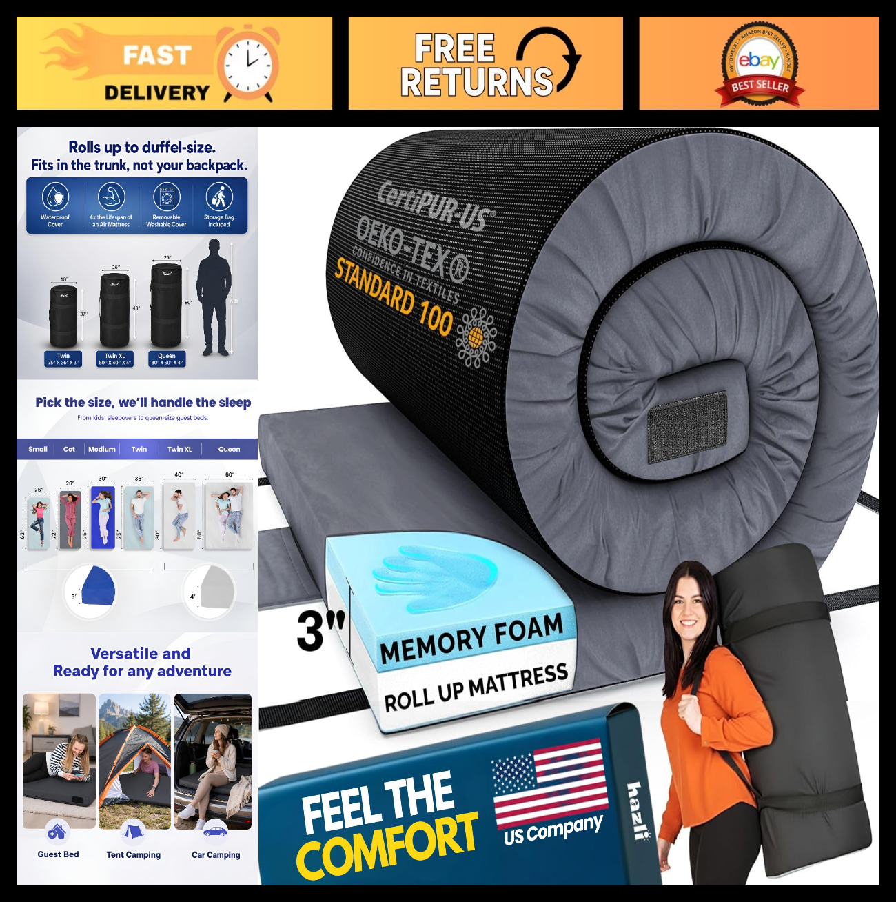 Memory Foam Camping Mattress Pad   Portable Roll Up Sleeping Mat for Adults   Ce0