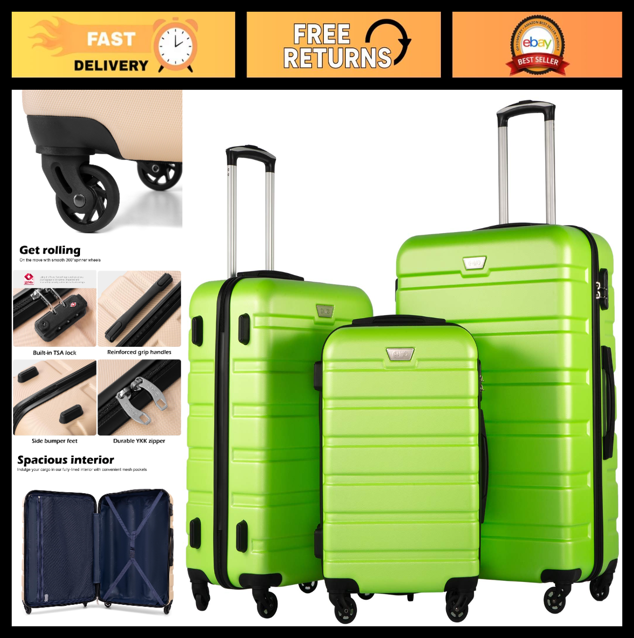 Lightweight Hardshell Luggage Set, 3-Piece Apple Green, 360° Spinner Wheels, TSA0